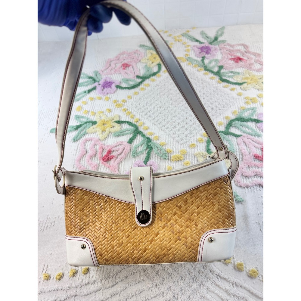 Etienne Aigner Woven Rattan Shoulder Bag White Trim Polka Dot Lining 21750